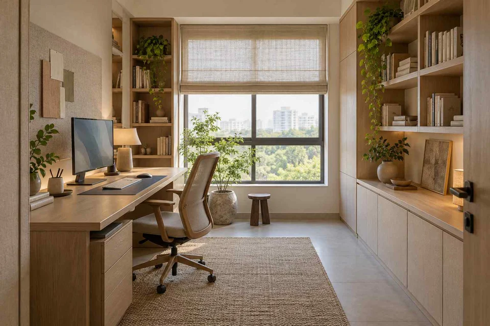 AI-generated home office concept: library-wrapped study, ash and linen direction