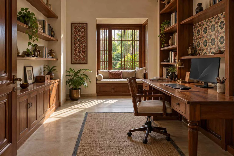 AI-generated home office concept: library-wrapped study, chettinad tile direction