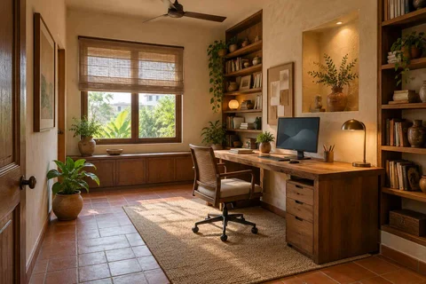 AI-generated home office concept: library-wrapped study, clay artisan direction