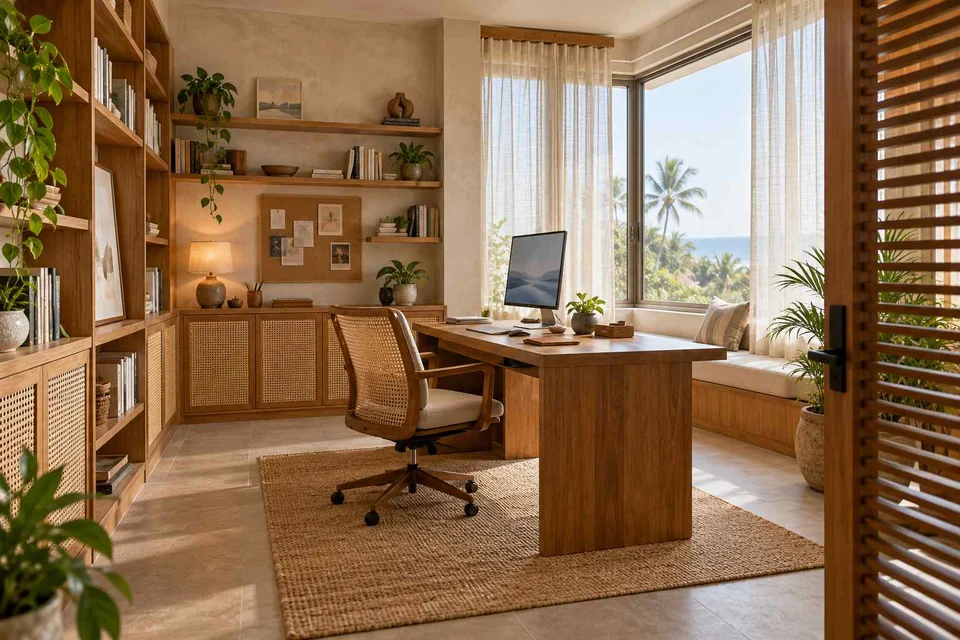AI-generated home office concept: library-wrapped study, coastal woven direction