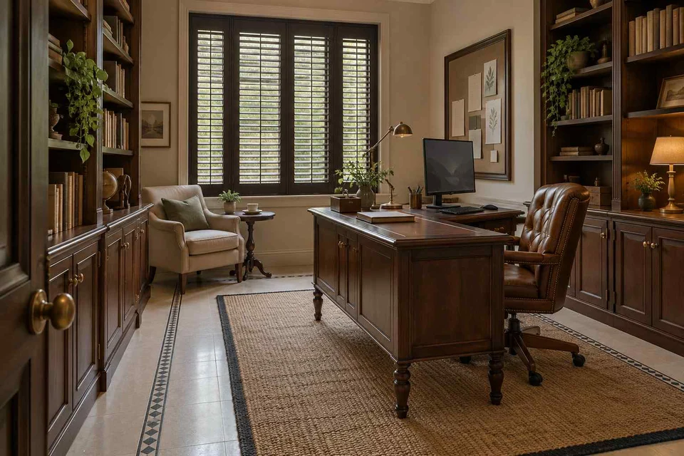 AI-generated home office concept: library-wrapped study, colonial quiet direction