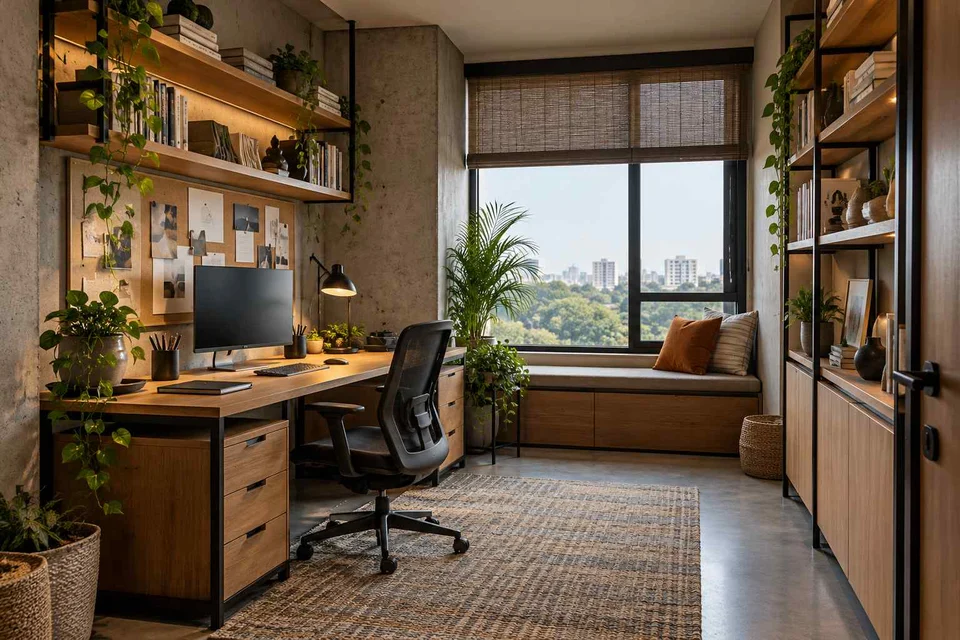 AI-generated home office concept: library-wrapped study, concrete and oak direction