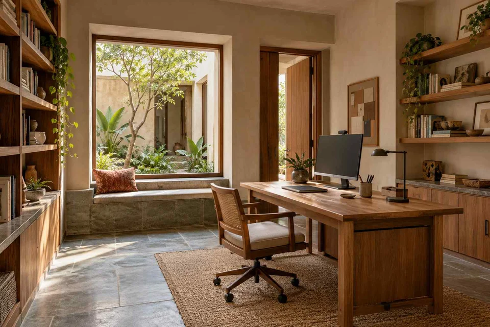 AI-generated home office concept: library-wrapped study, courtyard modern direction