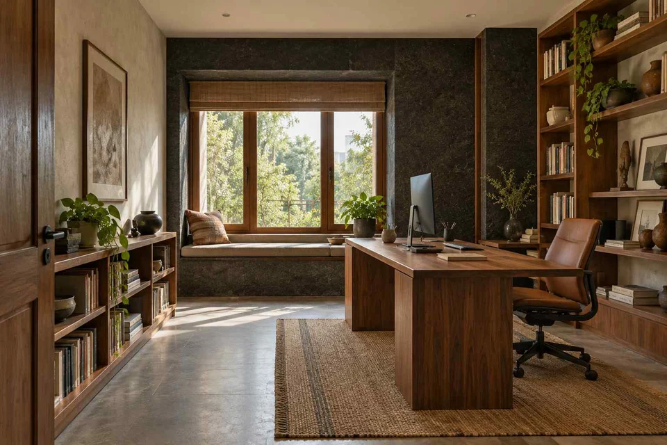 AI-generated home office concept: library-wrapped study, deccan stone direction
