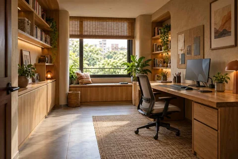 AI-generated home office concept: library-wrapped study, earth and bamboo direction