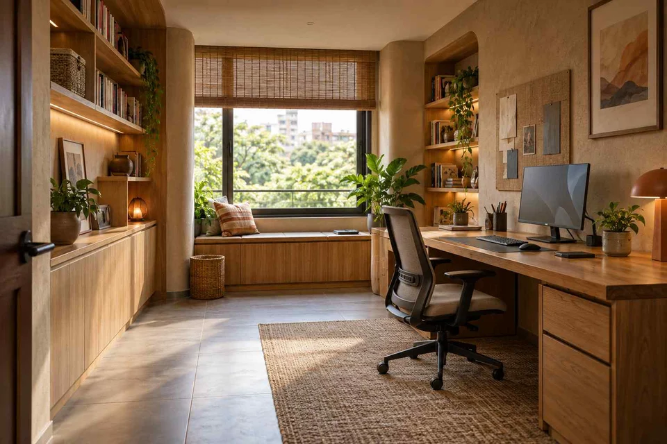 AI-generated home office concept: library-wrapped study, earth and bamboo direction