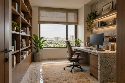 AI-generated home office concept: library-wrapped study, granite precision direction