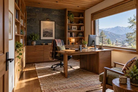 AI-generated home office concept: library-wrapped study, hill timber direction