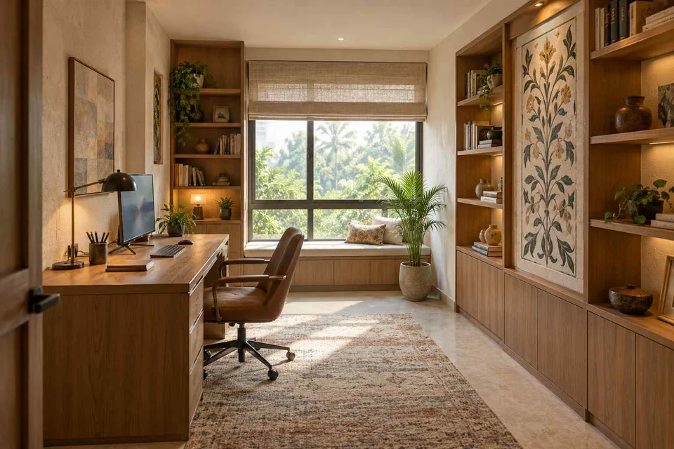 AI-generated home office concept: library-wrapped study, inlay atelier direction