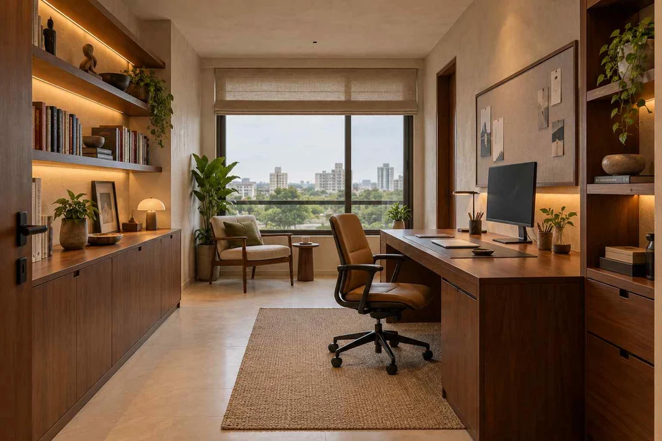 AI-generated home office concept: library-wrapped study, lime and walnut direction