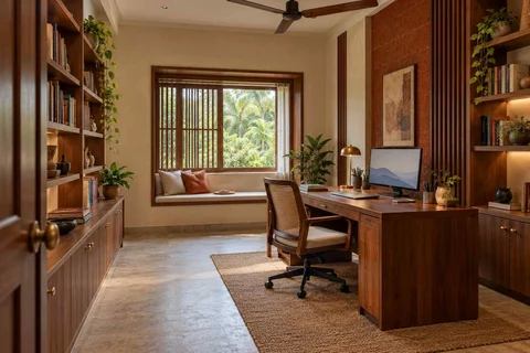 AI-generated home office concept: library-wrapped study, malabar timber direction