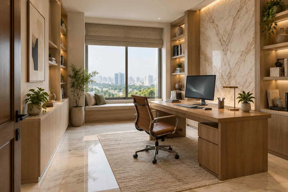 AI-generated home office concept: library-wrapped study, marble restraint direction