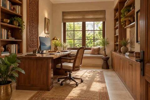 AI-generated home office concept: library-wrapped study, modern carved direction