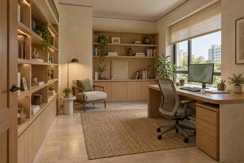 AI-generated home office concept: library-wrapped study, quiet contemporary direction