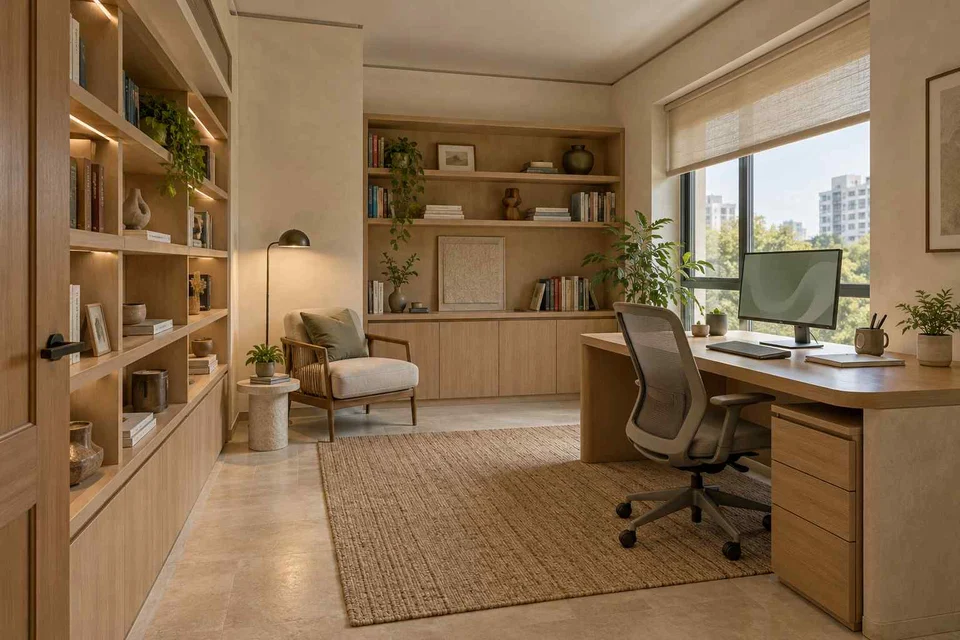 AI-generated home office concept: library-wrapped study, quiet contemporary direction