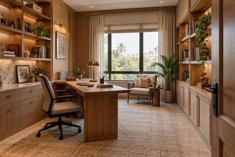 AI-generated home office concept: library-wrapped study, quiet transitional direction