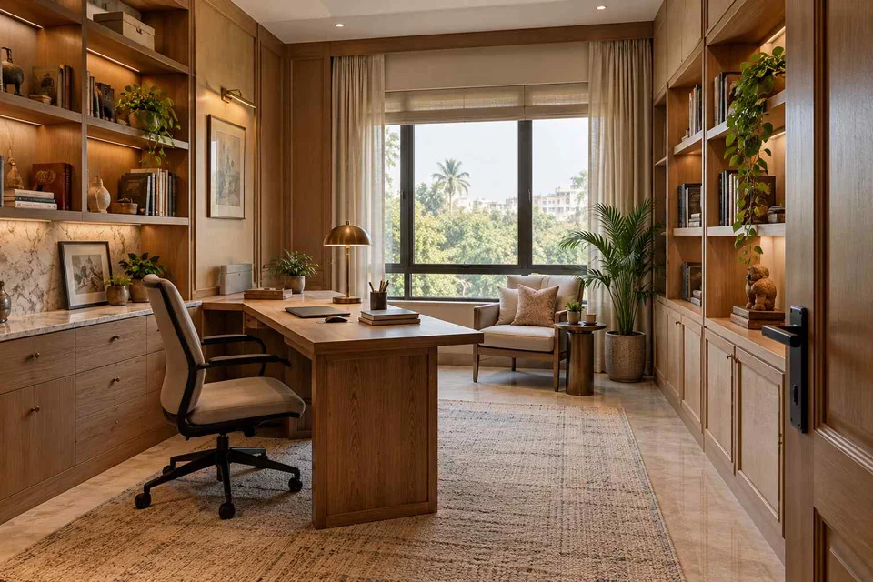 AI-generated home office concept: library-wrapped study, quiet transitional direction
