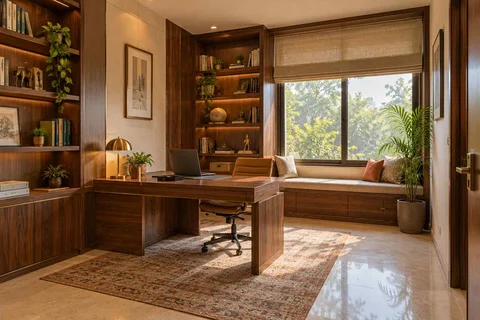 AI-generated home office concept: library-wrapped study, rosewood brass direction
