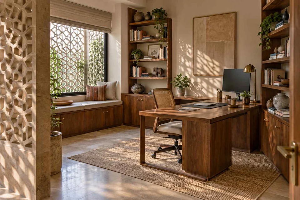 AI-generated home office concept: library-wrapped study, sandstone lattice direction