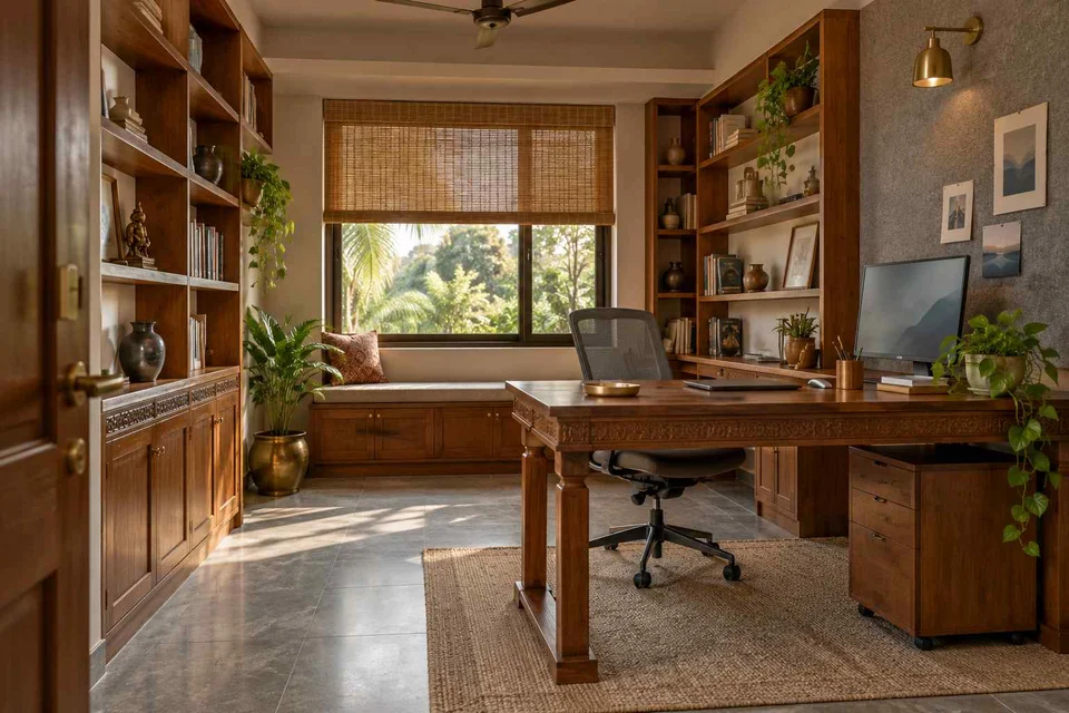 AI-generated home office concept: library-wrapped study, teak craft direction