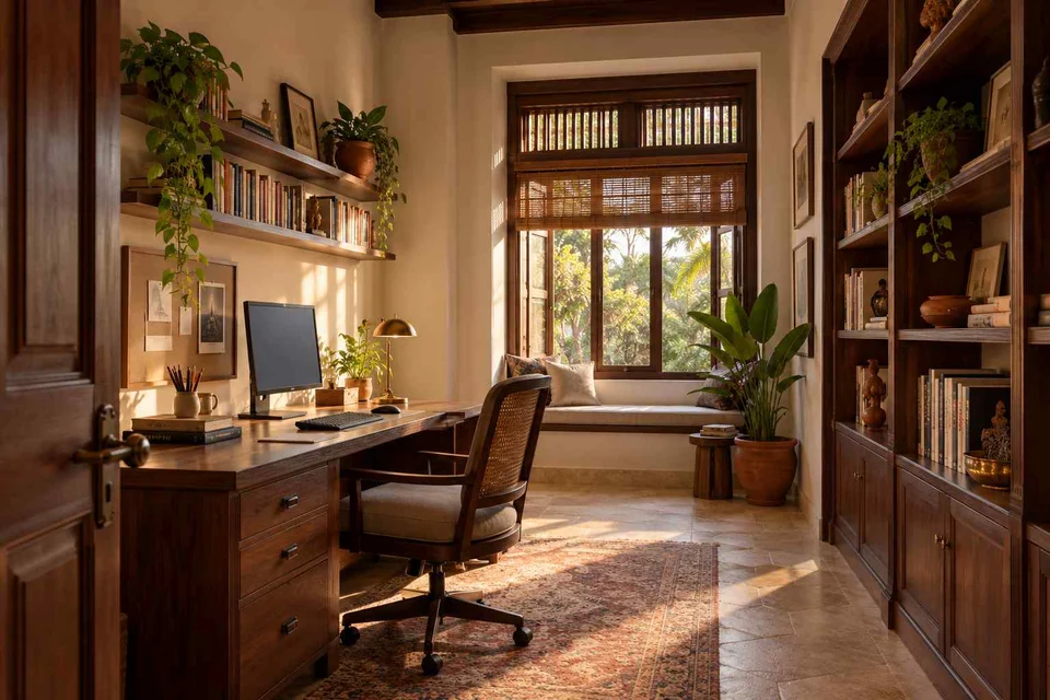 AI-generated home office concept: library-wrapped study, terracotta heritage direction