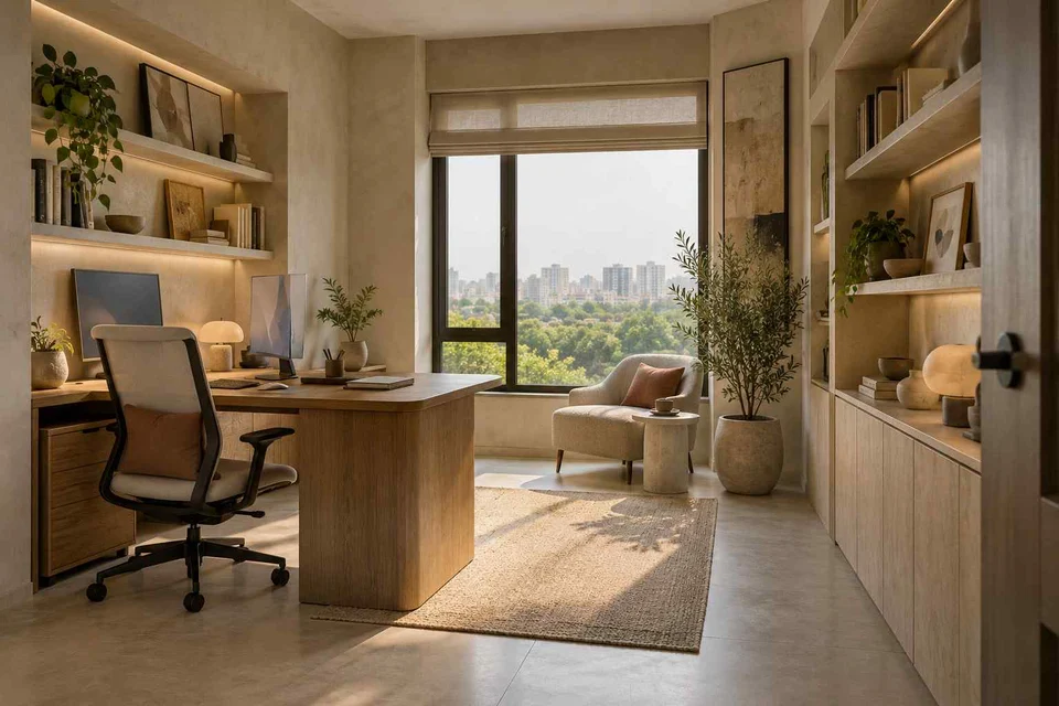 AI-generated home office concept: library-wrapped study, textured mineral direction