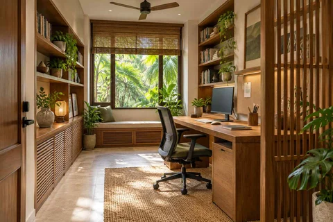 AI-generated home office concept: library-wrapped study, tropical slatted direction