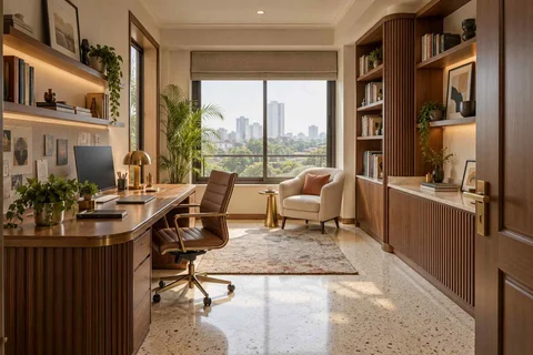 AI-generated home office concept: library-wrapped study, urban deco direction