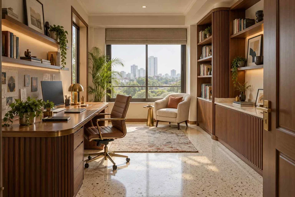 AI-generated home office concept: library-wrapped study, urban deco direction