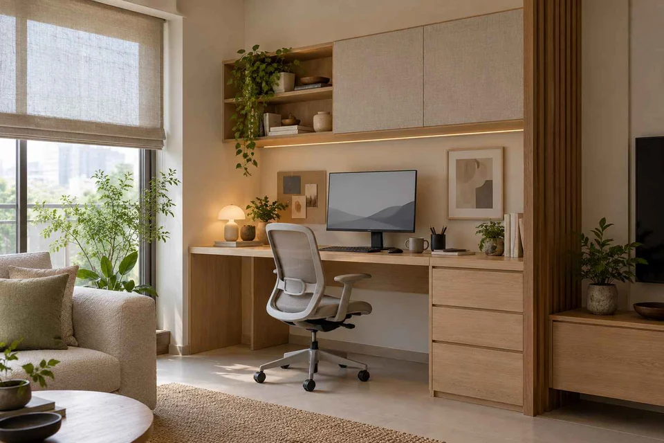 AI-generated home office concept: living wall desk niche, ash and linen direction