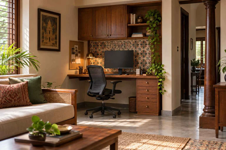 AI-generated home office concept: living wall desk niche, chettinad tile direction