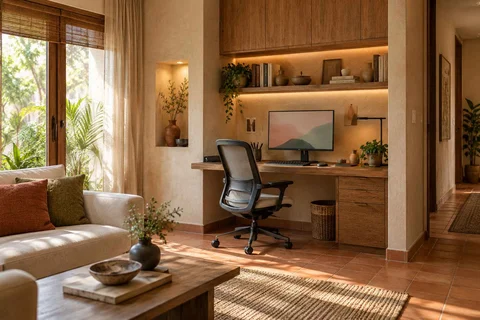 AI-generated home office concept: living wall desk niche, clay artisan direction