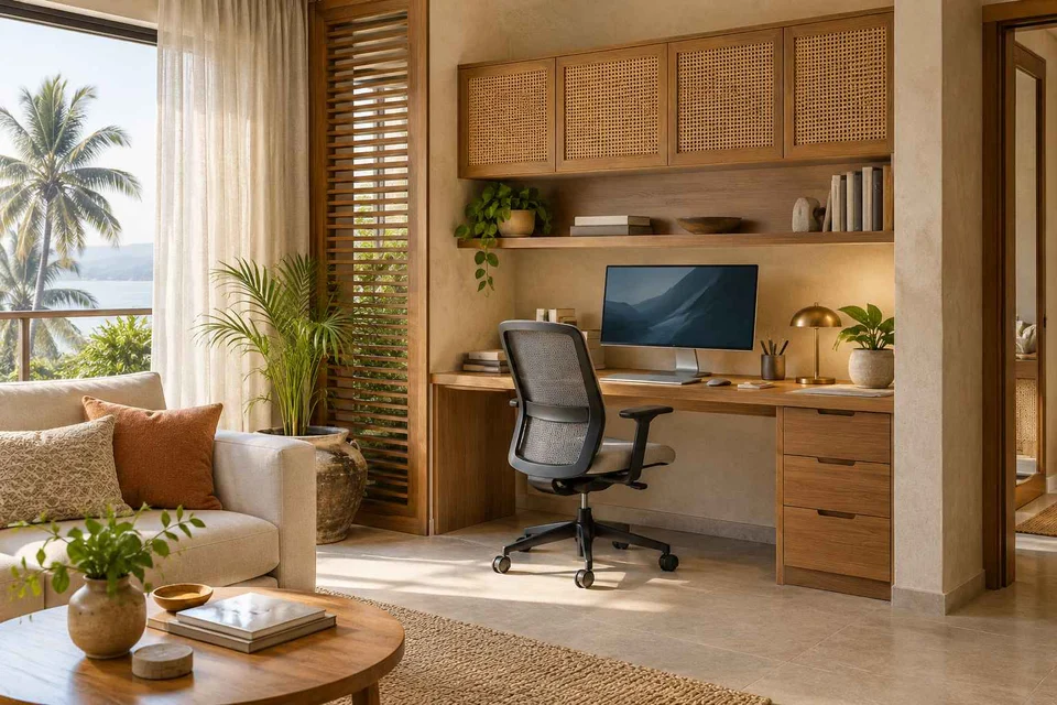 AI-generated home office concept: living wall desk niche, coastal woven direction