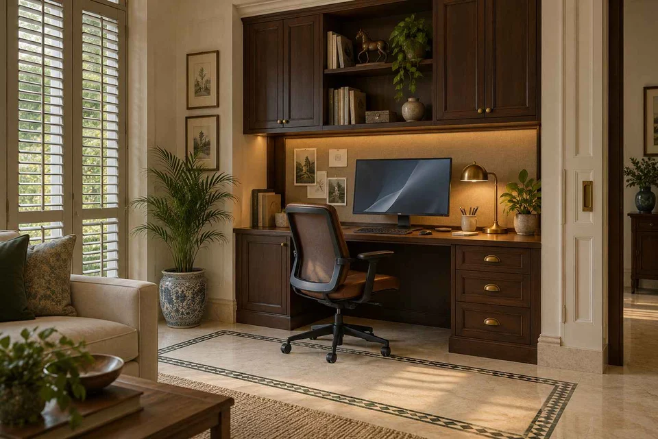 AI-generated home office concept: living wall desk niche, colonial quiet direction