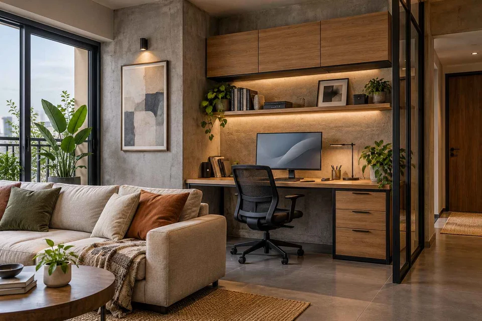 AI-generated home office concept: living wall desk niche, concrete and oak direction