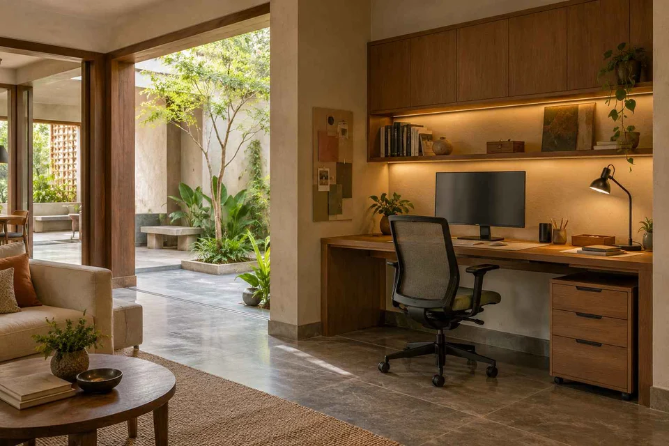 AI-generated home office concept: living wall desk niche, courtyard modern direction