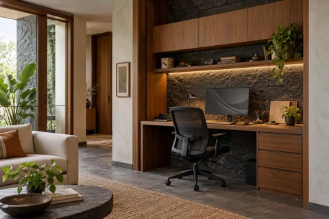 AI-generated home office concept: living wall desk niche, deccan stone direction
