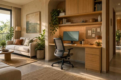 AI-generated home office concept: living wall desk niche, earth and bamboo direction