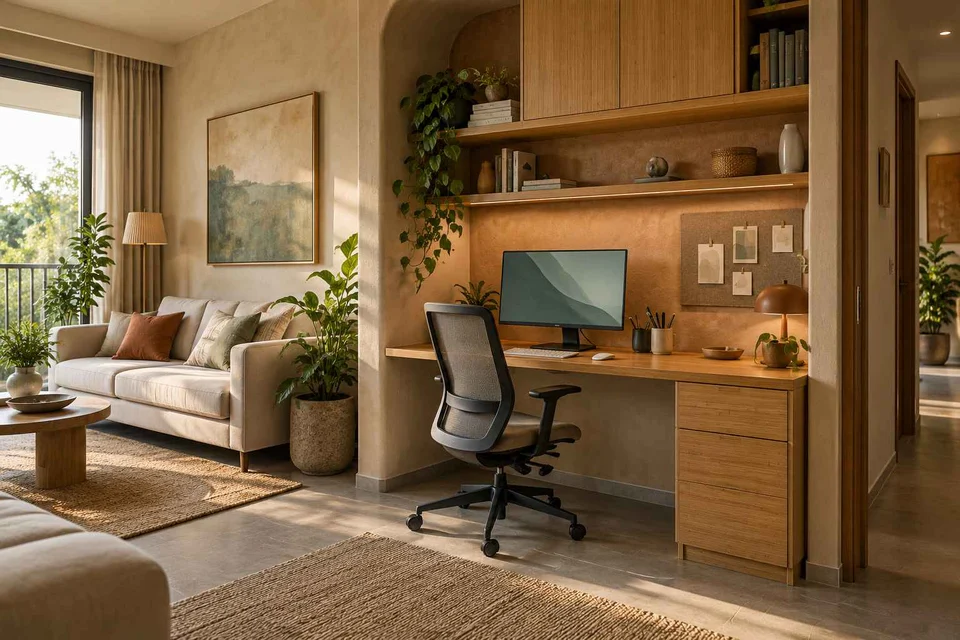 AI-generated home office concept: living wall desk niche, earth and bamboo direction