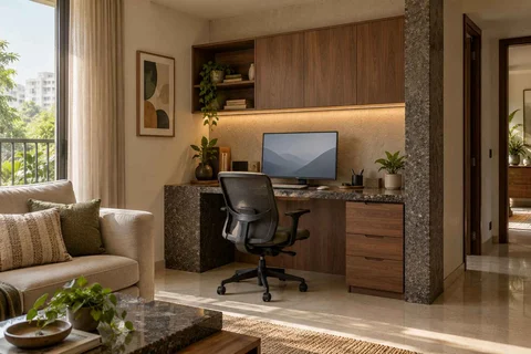 AI-generated home office concept: living wall desk niche, granite precision direction