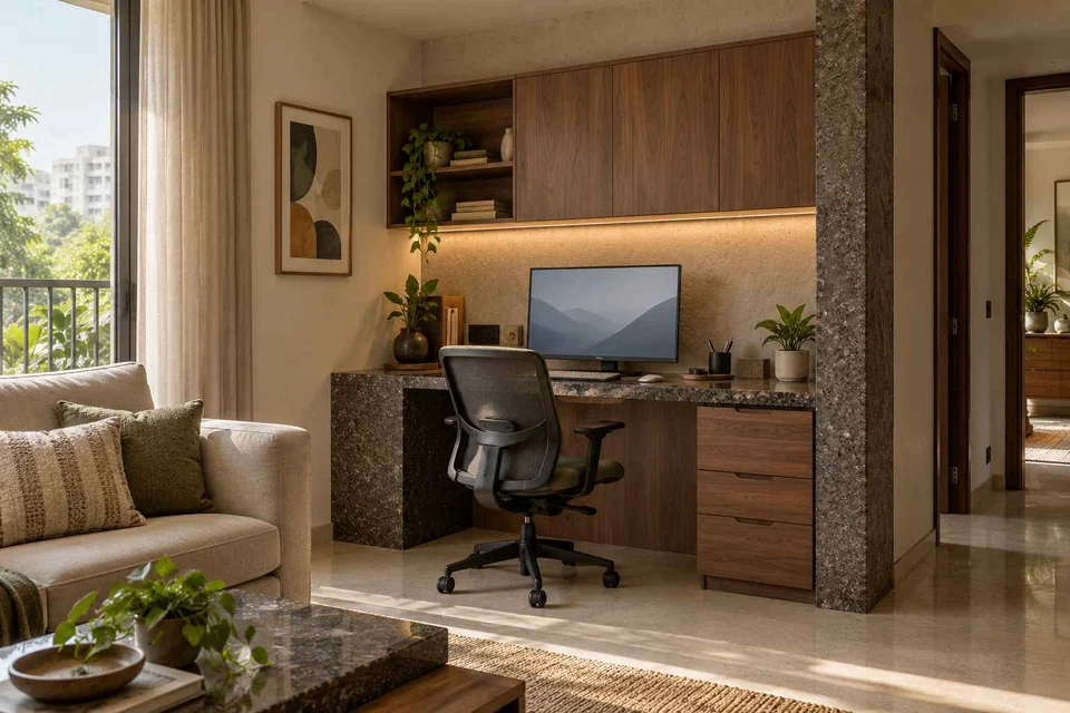 AI-generated home office concept: living wall desk niche, granite precision direction