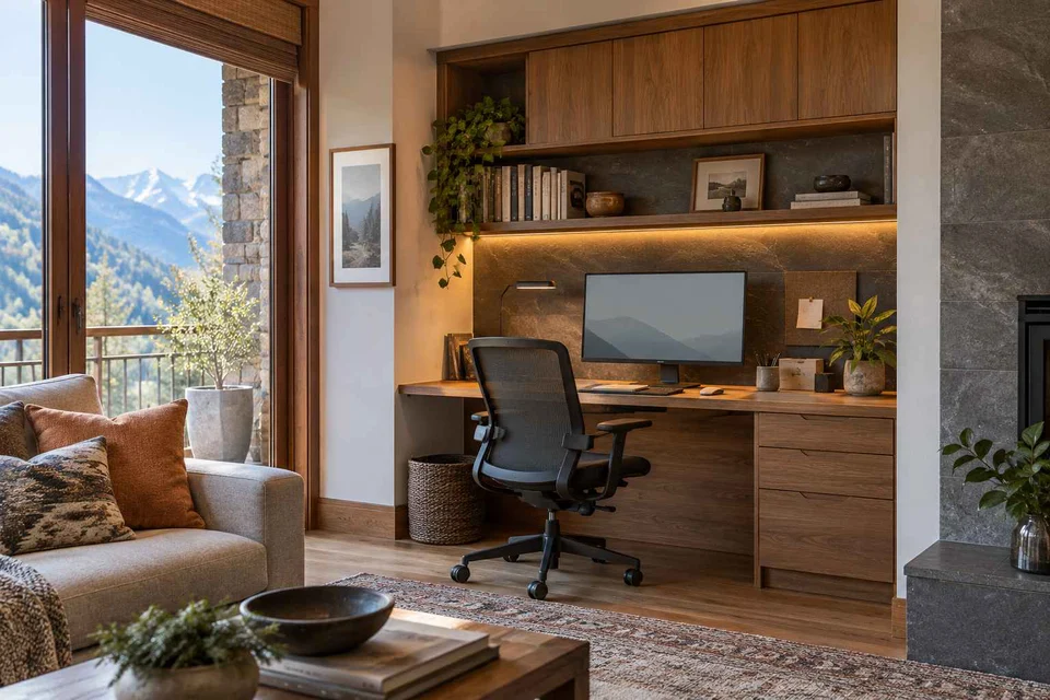 AI-generated home office concept: living wall desk niche, hill timber direction