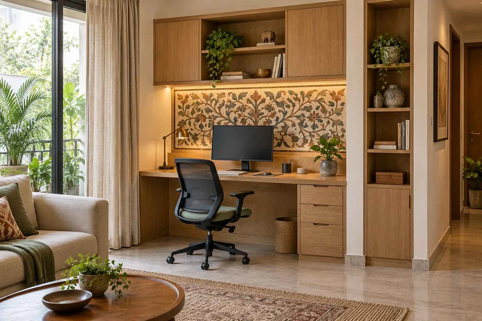 AI-generated home office concept: living wall desk niche, inlay atelier direction