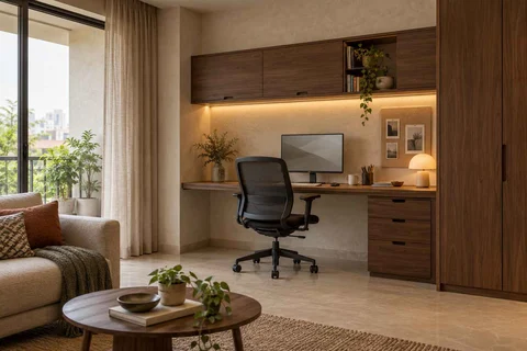 AI-generated home office concept: living wall desk niche, lime and walnut direction
