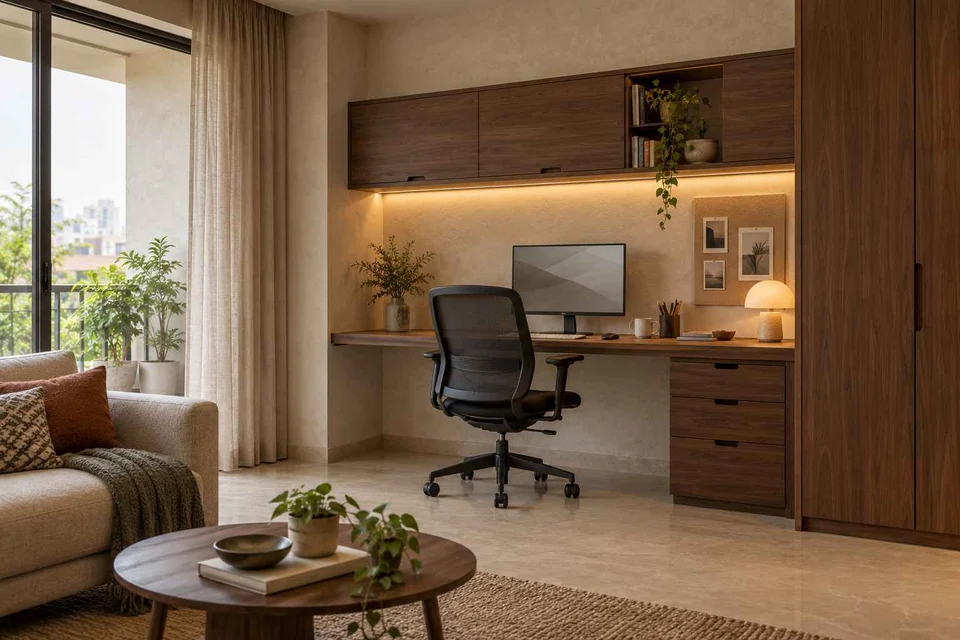 AI-generated home office concept: living wall desk niche, lime and walnut direction