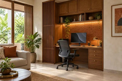AI-generated home office concept: living wall desk niche, malabar timber direction