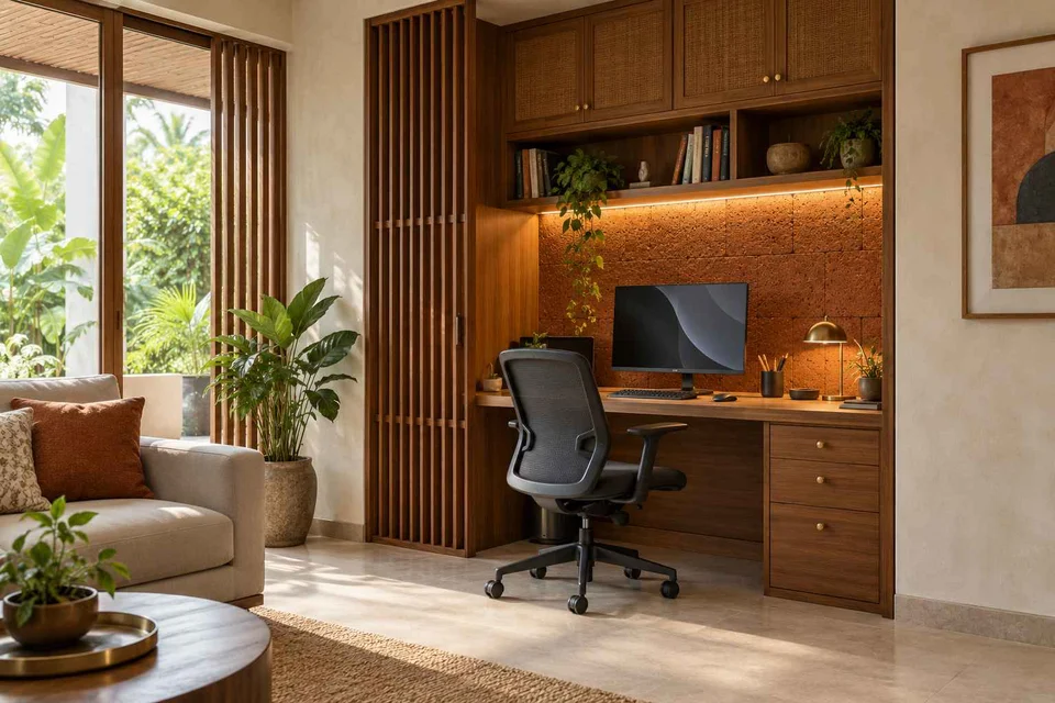 AI-generated home office concept: living wall desk niche, malabar timber direction