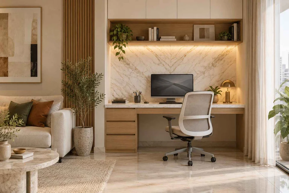 AI-generated home office concept: living wall desk niche, marble restraint direction