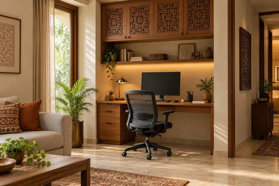 AI-generated home office concept: living wall desk niche, modern carved direction