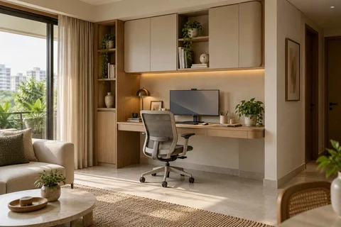 AI-generated home office concept: living wall desk niche, quiet contemporary direction